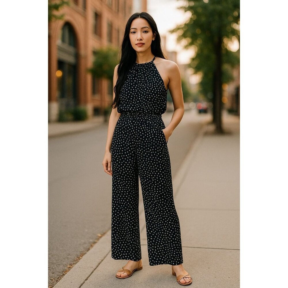 Zara Womens Size S Open Back Black White Polka Dot Halter Wide leg Jumpsuit